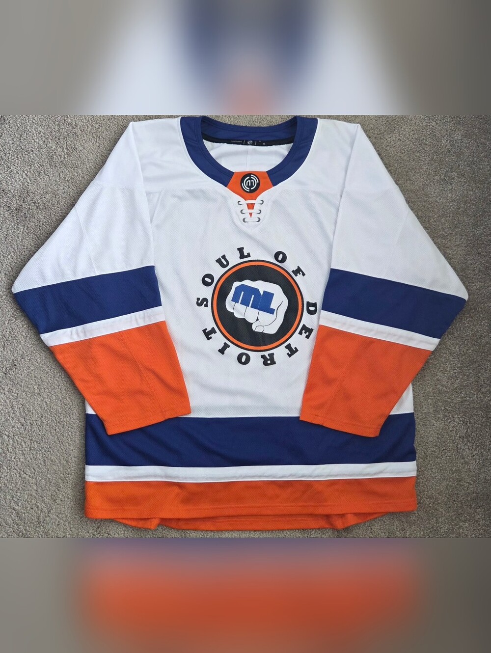Soul of Detroit White, Blue, And Orange Hockey Jersey Men's XL